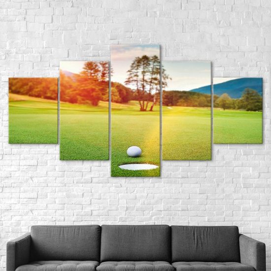 Golf Course Ball Hole Sunset Scenery 5 Piece Five Panel Wall Canvas Print Modern Art Poster Wall Art Decor 2