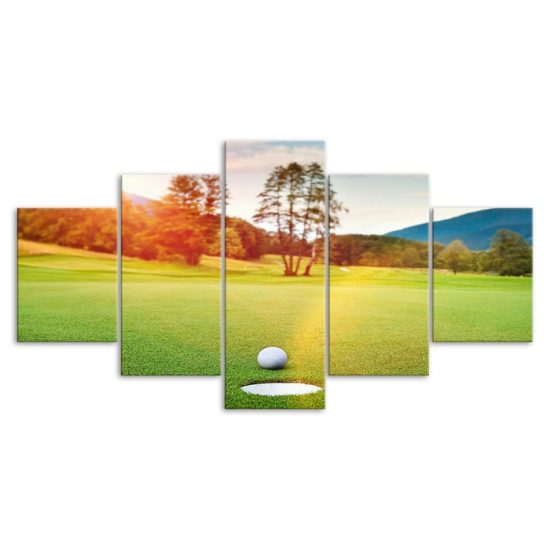 Golf Course Ball Hole Sunset Scenery 5 Piece Five Panel Wall Canvas Print Modern Art Poster Wall Art Decor 3