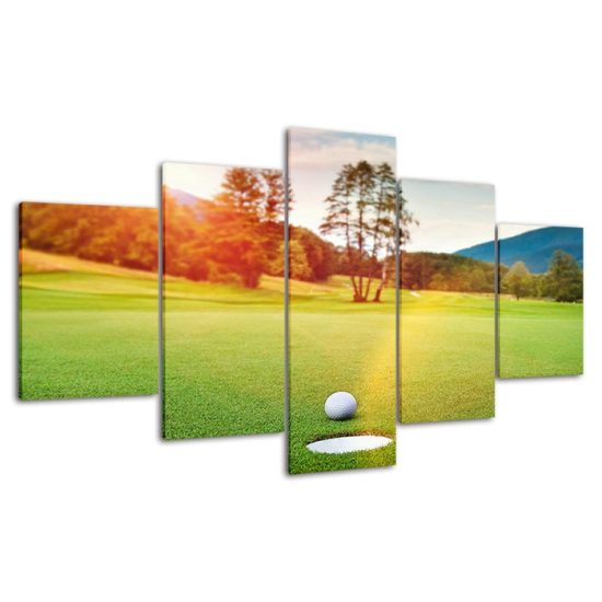 Golf Course Ball Hole Sunset Scenery 5 Piece Five Panel Wall Canvas Print Modern Art Poster Wall Art Decor 4