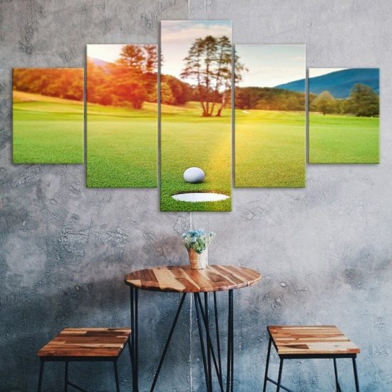 Golf Course Ball Hole Sunset Scenery 5 Piece Five Panel Wall Canvas Print Modern Art Poster Wall Art Decor