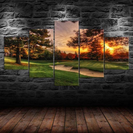Golf Course Landscape Sunset Scenery 5 Piece Five Panel Wall Canvas Print Modern Art Poster Wall Art Decor 1