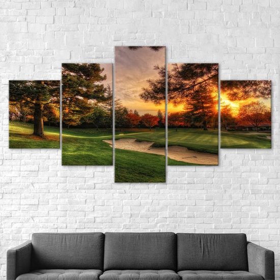 Golf Course Landscape Sunset Scenery 5 Piece Five Panel Wall Canvas Print Modern Art Poster Wall Art Decor 2