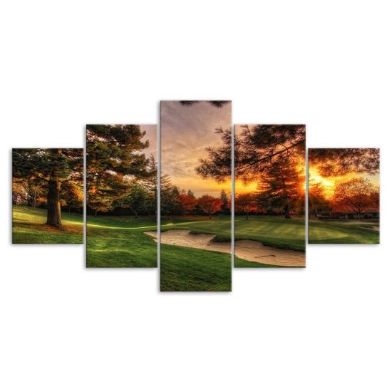 Golf Course Landscape Sunset Scenery 5 Piece Five Panel Wall Canvas Print Modern Art Poster Wall Art Decor 3