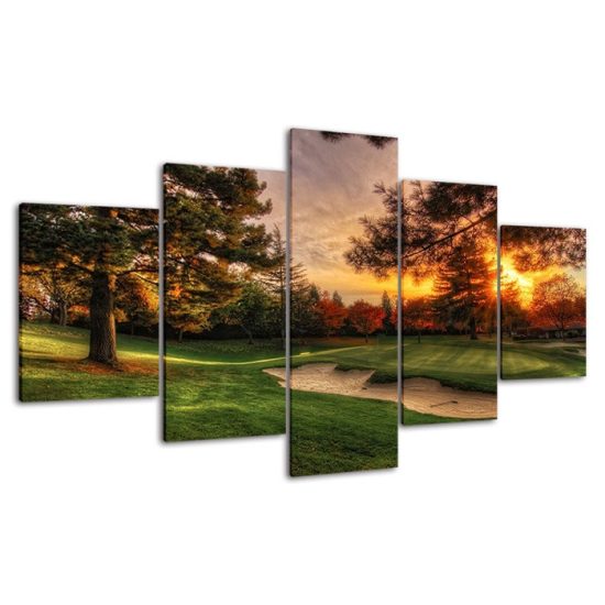 Golf Course Landscape Sunset Scenery 5 Piece Five Panel Wall Canvas Print Modern Art Poster Wall Art Decor 4