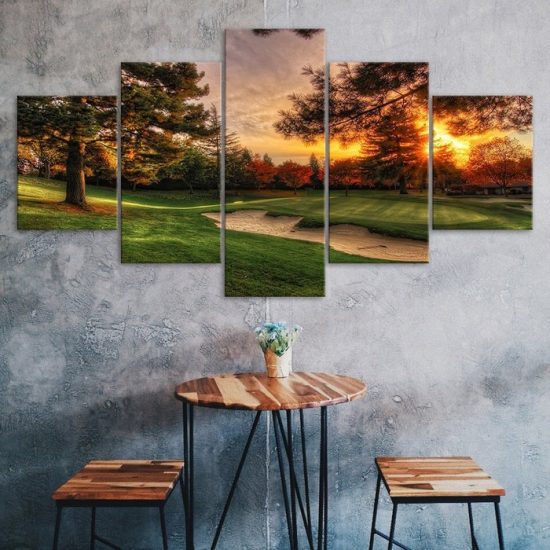 Golf Course Landscape Sunset Scenery 5 Piece Five Panel Wall Canvas Print Modern Art Poster Wall Art Decor
