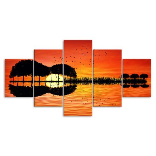 Guitar Island Tree Lake Sunset Reflection 5 Piece Five Panel Canvas Print Modern Wall Art Abstract Poster Home Decor 3