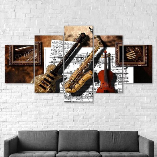 Guitar Saxophone Classic Musical Instruments 5 Piece Five Panel Wall Canvas Print Modern Art Poster Wall Art Decor 2