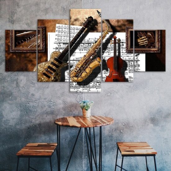 Guitar Saxophone Classic Musical Instruments 5 Piece Five Panel Wall Canvas Print Modern Art Poster Wall Art Decor