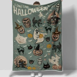 Halloween Dodles Long Live Vintage Blanket Halloween Gifts Cozy Plush Fleece Mink Sherpa Black Cats Trick or Treat Spooky Skeleton