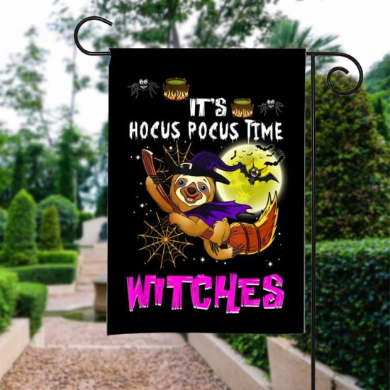 Halloween Flag Funny Sloth It's Hocus Pocus Time Witches Halloween Garden Flag Halloween Sloth Decor