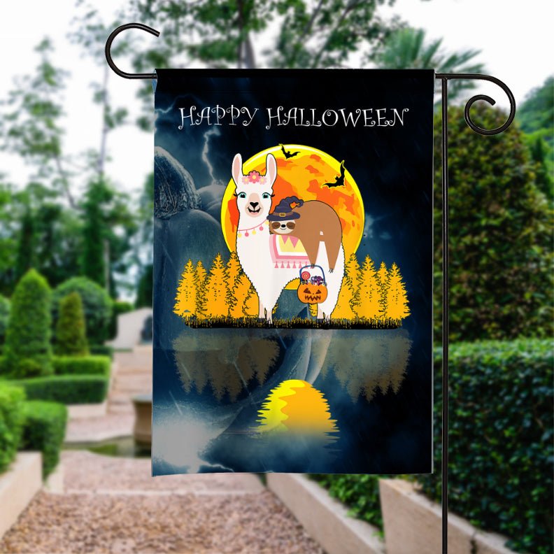 Halloween Flag Happy Halloween Funny Sloth Riding Llama Pumpkin Moon Halloween Garden Flag