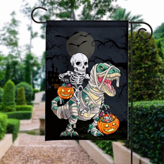 Halloween Flag Skeleton Riding Mummy T-Rex Funny Halloween Garden Flag