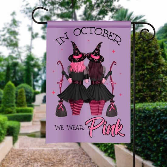 Halloween Flag Witches In October We Wear Pink Autumn Fall Halloween Garden Flag