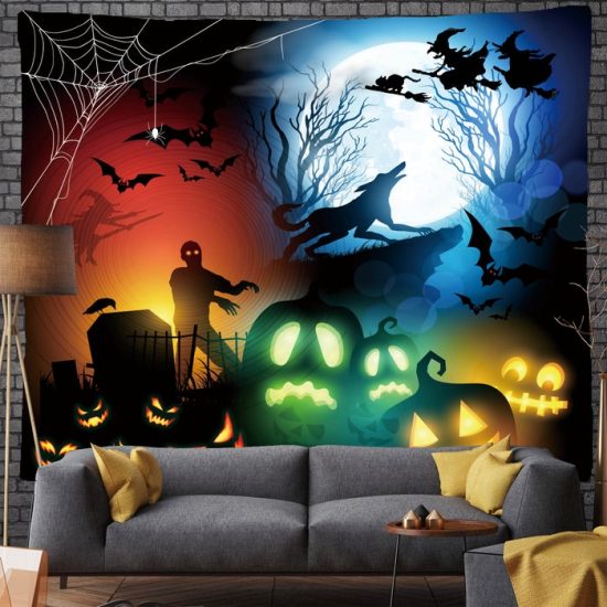 Halloween Pumpkin Moon Tapestry Castle Bat Wall Hanging Backdrop For Living Room Bedroom Night 1