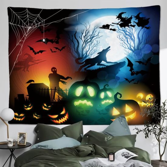 Halloween Pumpkin Moon Tapestry Castle Bat Wall Hanging Backdrop For Living Room Bedroom Night 2