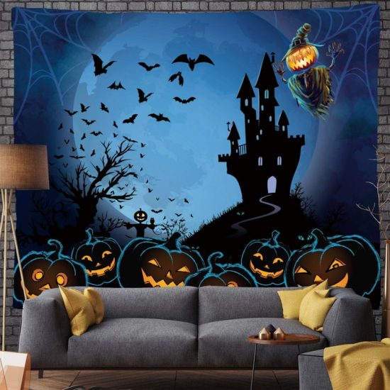 Halloween Pumpkin Moon Tapestry Castle Bat Wall Hanging Backdrop For Living Room Bedroom Night