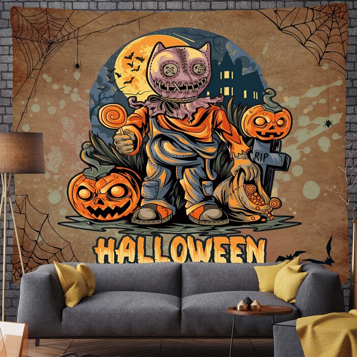 Halloween Pumpkin Moon Witch Tapestry Bat Funny Wall Hanging Backdrop For Living Room Bedroom Night 1 1