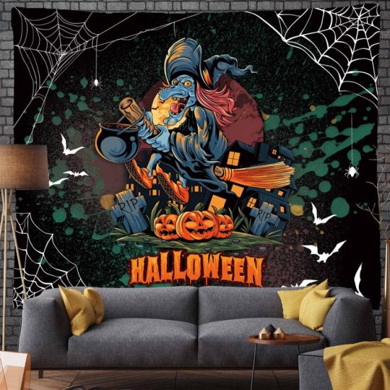 Halloween Pumpkin Moon Witch Tapestry Bat Funny Wall Hanging Backdrop For Living Room Bedroom Night 1