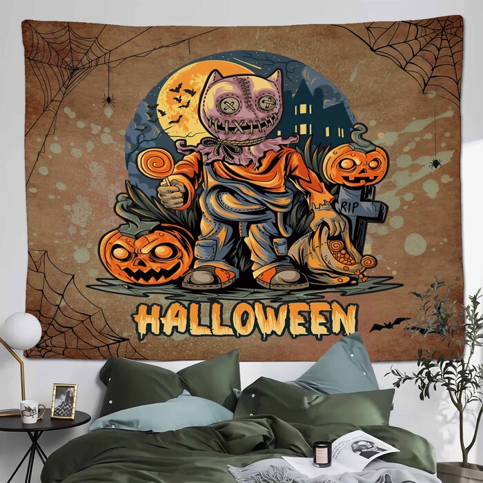 Halloween Pumpkin Moon Witch Tapestry Bat Funny Wall Hanging Backdrop For Living Room Bedroom Night 2 1
