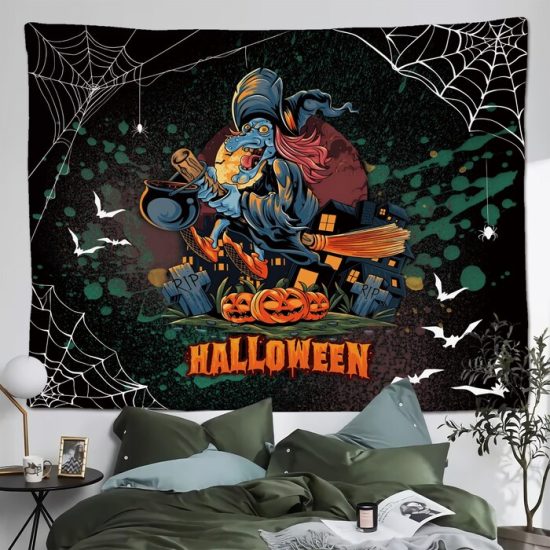Halloween Pumpkin Moon Witch Tapestry Bat Funny Wall Hanging Backdrop For Living Room Bedroom Night 2