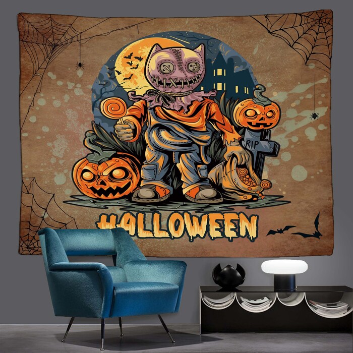 Halloween Pumpkin Moon Witch Tapestry Bat Funny Wall Hanging Backdrop For Living Room Bedroom Night