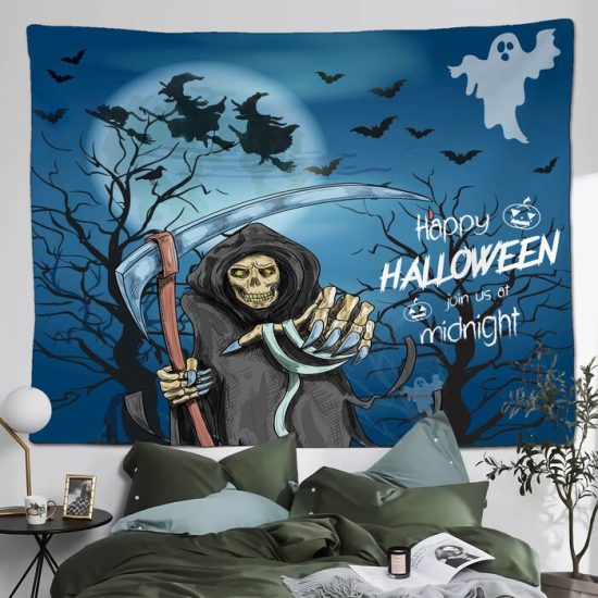 Halloween Pumpkin Moon Witch Tapestry Bat Wall Hanging Backdrop For Living Room Bedroom Night 2