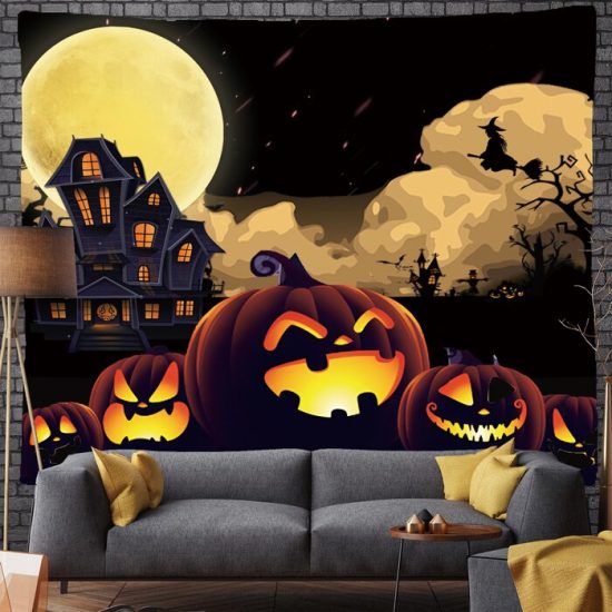Halloween Pumpkin Moon Witch Tapestry Pumpkin Funny Wall Hanging Backdrop For Living Room Bedroom Night 1