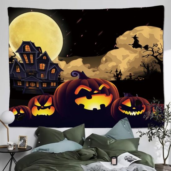 Halloween Pumpkin Moon Witch Tapestry Pumpkin Funny Wall Hanging Backdrop For Living Room Bedroom Night 2