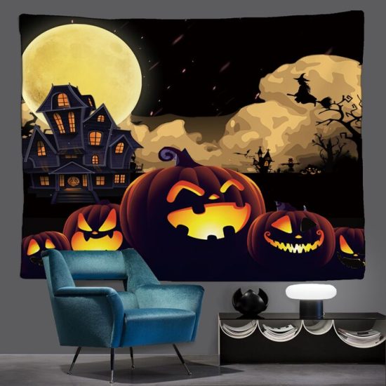 Halloween Pumpkin Moon Witch Tapestry Pumpkin Funny Wall Hanging Backdrop For Living Room Bedroom Night