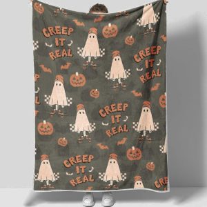 Halloween Spooky Creep it Real Vintage Blanket Halloween Gifts Cozy Plush Fleece Mink Sherpa Black Cat Trick or Treat Spooky Skeleton 1