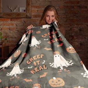 Halloween Spooky Creep it Real Vintage Blanket Halloween Gifts Cozy Plush Fleece Mink Sherpa Black Cat Trick or Treat Spooky Skeleton 2
