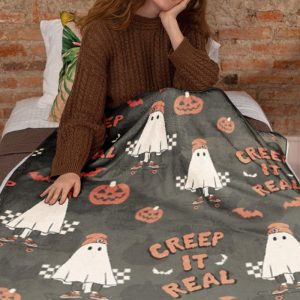 Halloween Spooky Creep it Real Vintage Blanket Halloween Gifts Cozy Plush Fleece Mink Sherpa Black Cat Trick or Treat Spooky Skeleton