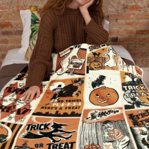 Halloween Trick or Treat Vintage Blanket Halloween Gifts Cozy Plush Fleece Premium Mink Sherpa Pumpkin Spooky Skeleton Family Gifts 2