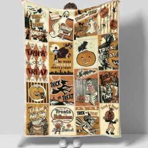 Halloween Trick or Treat Vintage Blanket Halloween Gifts Cozy Plush Fleece Premium Mink Sherpa Pumpkin Spooky Skeleton Family Gifts 3