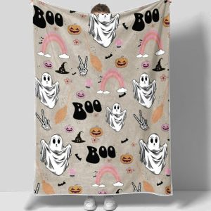 Halloween Vintage Dodles Pumpkin Boo Bat Blanket Halloween Gift Cozy Plush Fleece Mink Sherpa Black Cat Trick or Treat Spooky