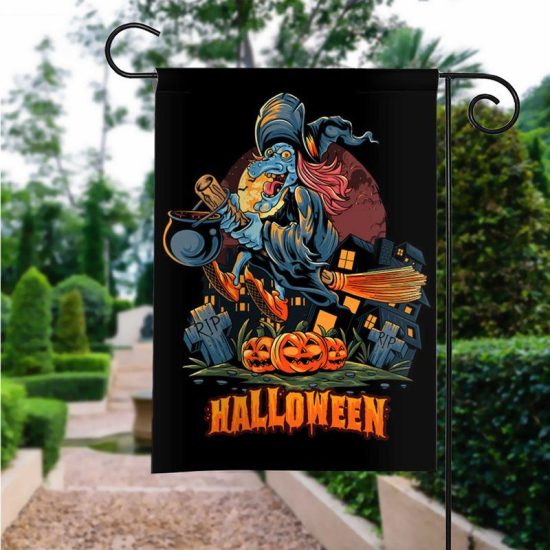 Halloween Witch Flies With Broom Pile Personalized Garden Flag House Flag Double Sided Home Design Outdoor Porch