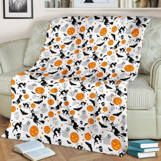 Halloween pumpkin black cat and witch Fleece Blanket Gift For Fan