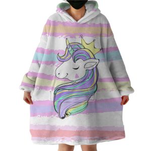Happy Unicorn Queen Crown Colorful Stripes Hoodie Wearable Blanket WB0211