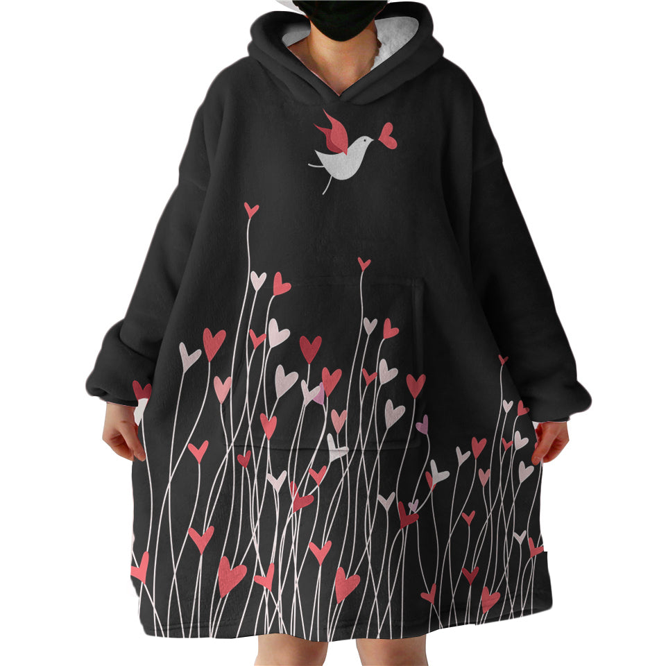 Heart Flower in Black Hoodie Wearable Blanket WB0603