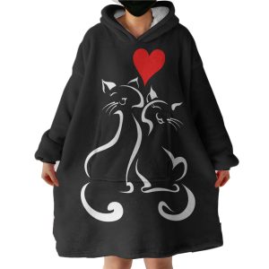 Heart In Love Cat Line Art Black Theme Hoodie Wearable Blanket WB0554