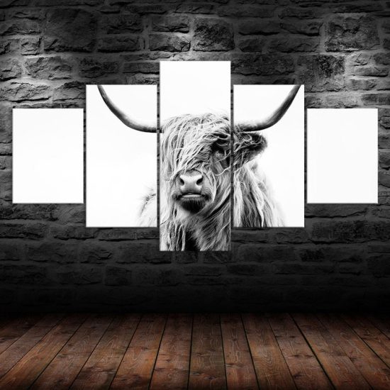 Highland Cow Black and White Scene 5 Piece Five Panel Wall Canvas Print Modern Art Poster Wall Art Decor 1
