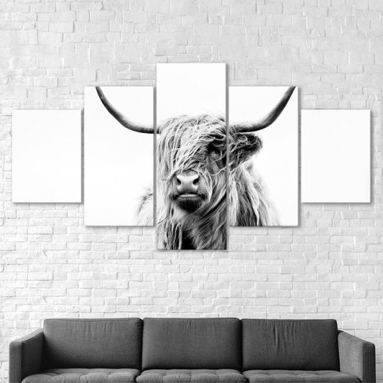 Highland Cow Black and White Scene 5 Piece Five Panel Wall Canvas Print Modern Art Poster Wall Art Decor 2