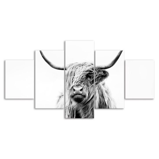 Highland Cow Black and White Scene 5 Piece Five Panel Wall Canvas Print Modern Art Poster Wall Art Decor 3