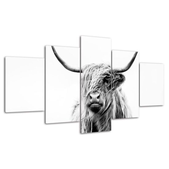 Highland Cow Black and White Scene 5 Piece Five Panel Wall Canvas Print Modern Art Poster Wall Art Decor 4