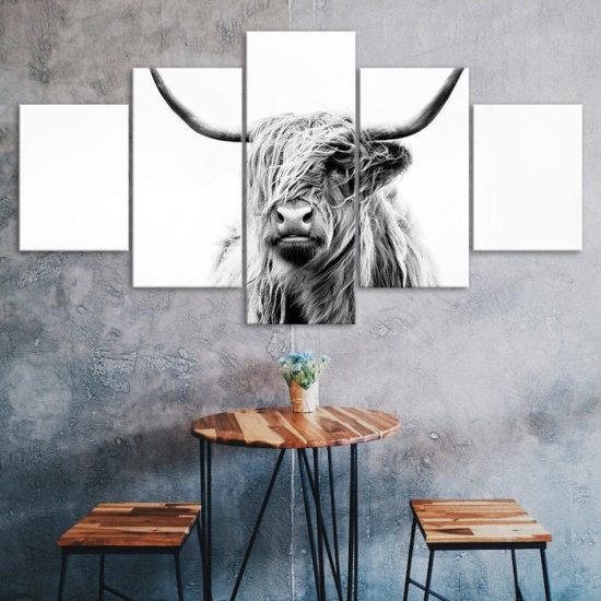 Highland Cow Black and White Scene 5 Piece Five Panel Wall Canvas Print Modern Art Poster Wall Art Decor