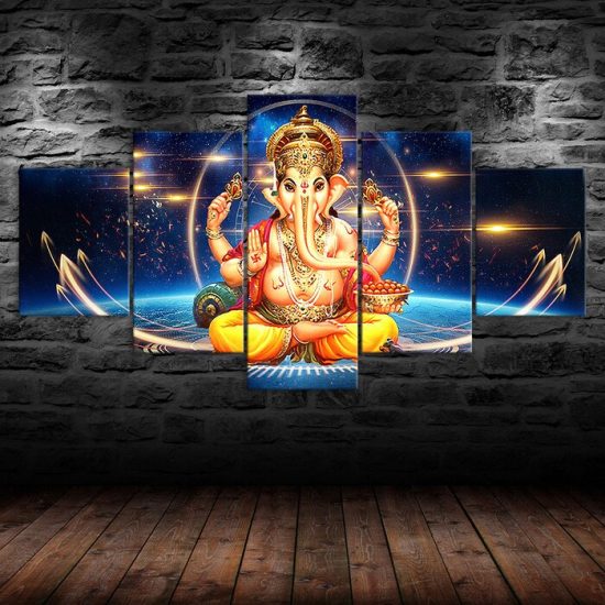 Hindu Elephant Head God Lord Ganesha 5 Piece Five Panel Wall Canvas Print Modern Art Poster Wall Art Decor 1