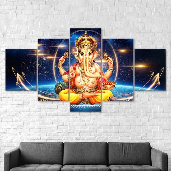Hindu Elephant Head God Lord Ganesha 5 Piece Five Panel Wall Canvas Print Modern Art Poster Wall Art Decor 2