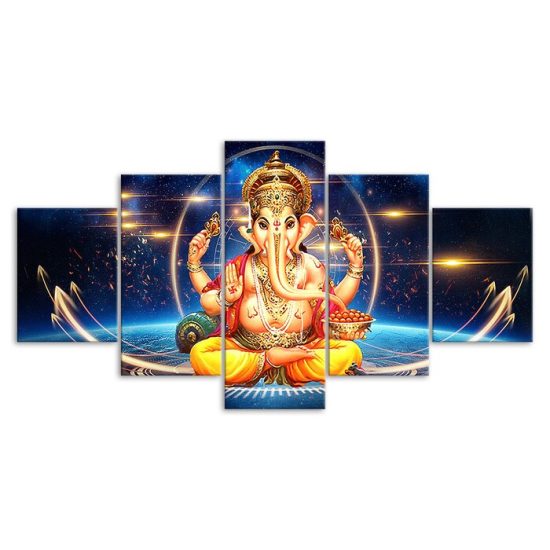 Hindu Elephant Head God Lord Ganesha 5 Piece Five Panel Wall Canvas Print Modern Art Poster Wall Art Decor 3