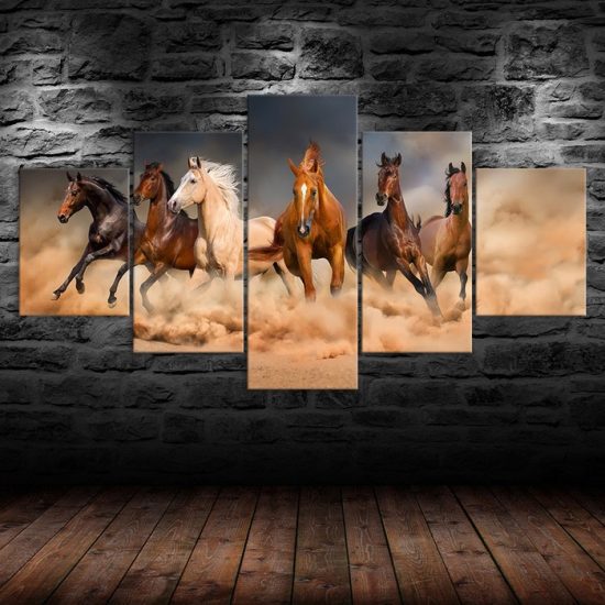 Horses Galloping Running Scene 5 Piece Five Panel Wall Canvas Print Modern Art Poster Wall Art Decor 1