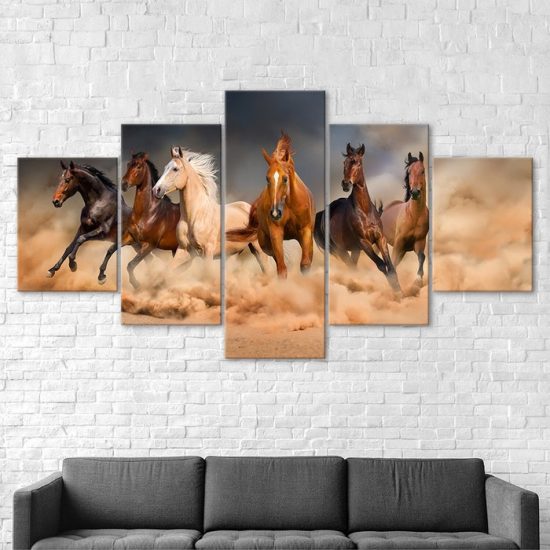 Horses Galloping Running Scene 5 Piece Five Panel Wall Canvas Print Modern Art Poster Wall Art Decor 2